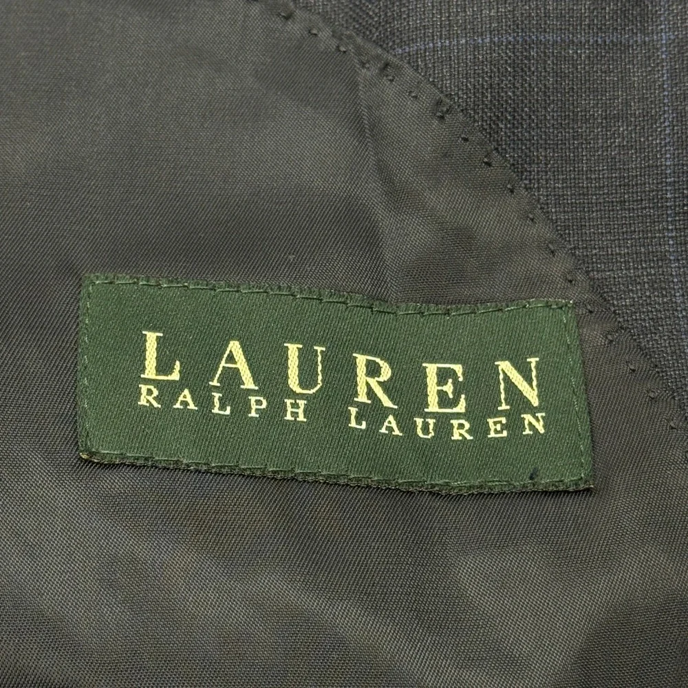 Lauren Ralph Lauren Mens Navy Blue Windowpane Plaid 100% Wool Suit 48R 38 x 28